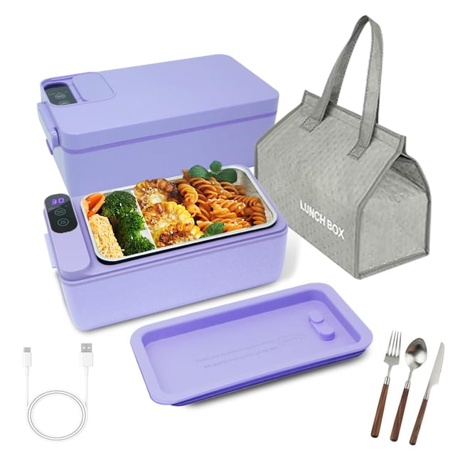 Calentador de Alimentos Portátil 1L -Batería Recargable USB Tiempo Ajustable Incluye Utensilios y Bolsa Térmica | Ideal para Oficina Camiones Camping y Viajes Color Verde/Púrpura