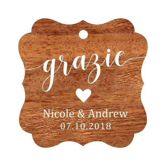 Darling Souvenir GRAZIE Thank You Wedding Favors Gift Paper Tag Custom Party Hang Tags-Rustic Wood-50 Tags