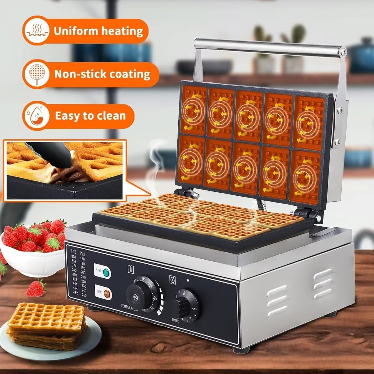 Commercial Waffle Maker, 10pcs Nonstick Stainless Steel Waffle Maker Machine, 2400W 110V, Time and Temperature Control for Restaurant Home