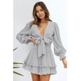 thumbnail image 4 of Women's Gray Deep V Neck Lantern Sleeve Knotted Tiered Mini Dress, 4 of 13