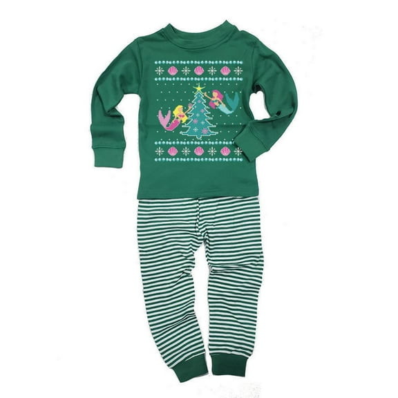 Mermaid Tree Ugly Christmas Sweater Toddler Long Sleeve Top Striped Pants Pajama Set