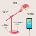 thumbnail image 3 of JONATHAN Y Curtis 20.25" Vintage Industrial Iron Adjustable Dome Shade LED Task Lamp with USB Charging Port, Pink, JYL7123D, 3 of 6