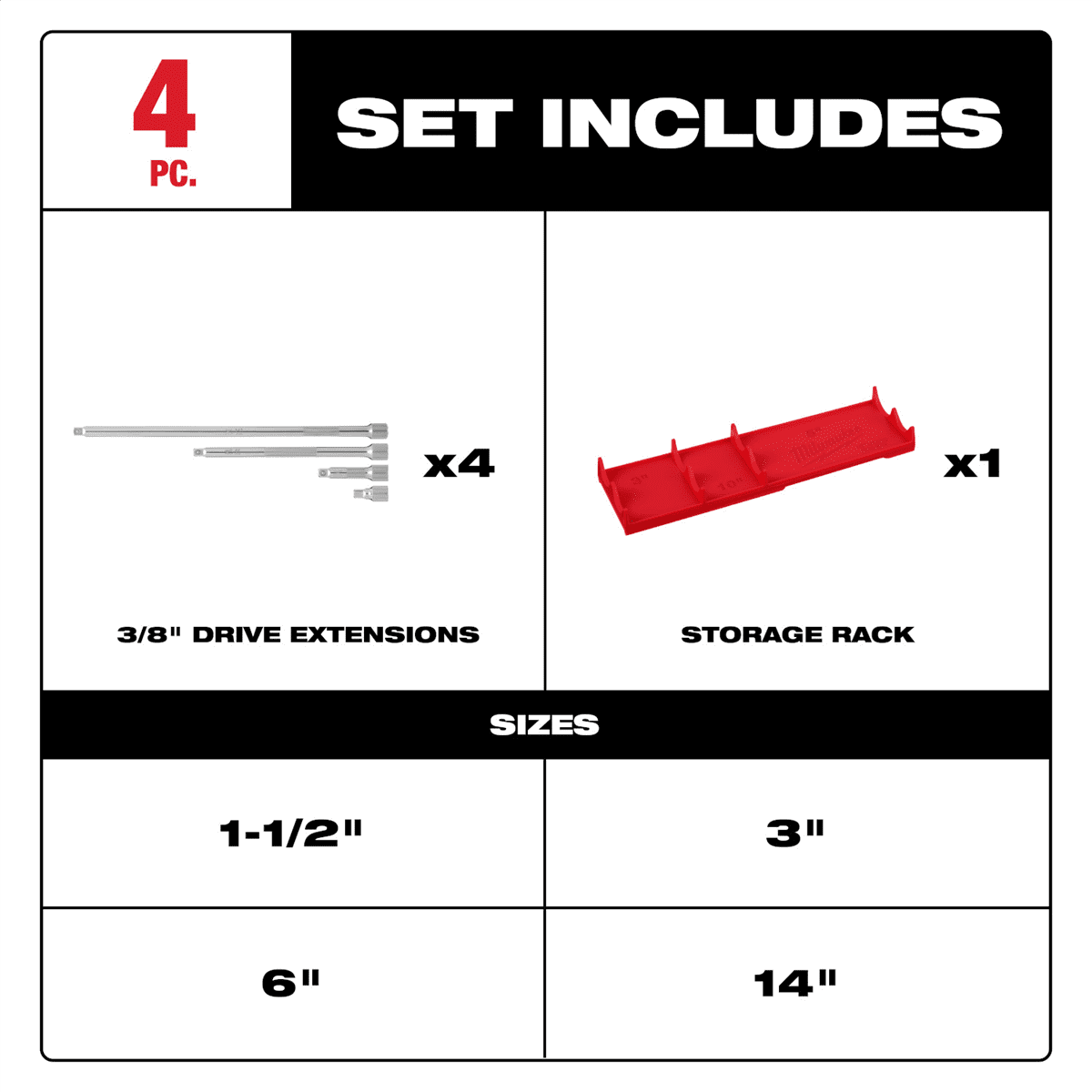 Milwaukee Tool 4pc 3/8&rdquo; Drive Extension Set