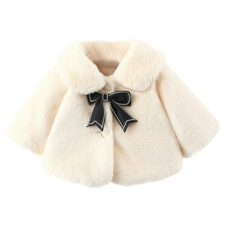 

GYRATEDREAM Baby Girls Faux Fur Warm Cloak Coat Cute Winter Furry Cape Jacket Fluffy Plush Fleece Outwear with Bowknot for 3-4Y White