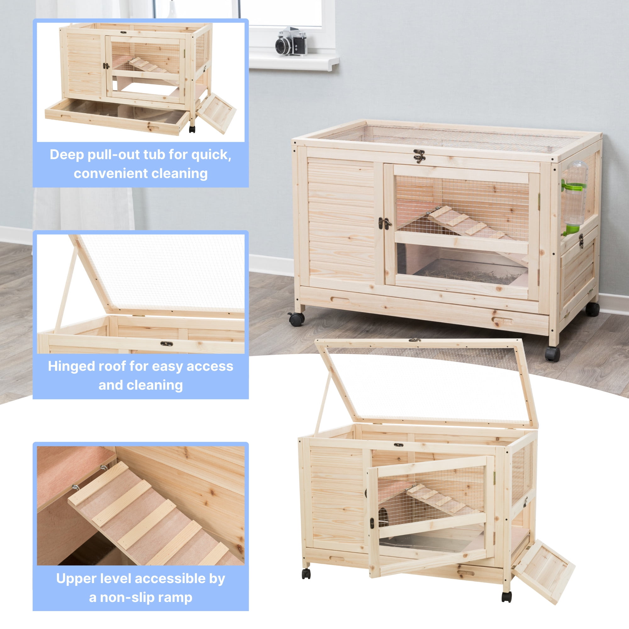 TRIXIE Mobile Indoor 1-Story Wooden Small Animal Cage with Wheels & Pull-Out Tray, Brown