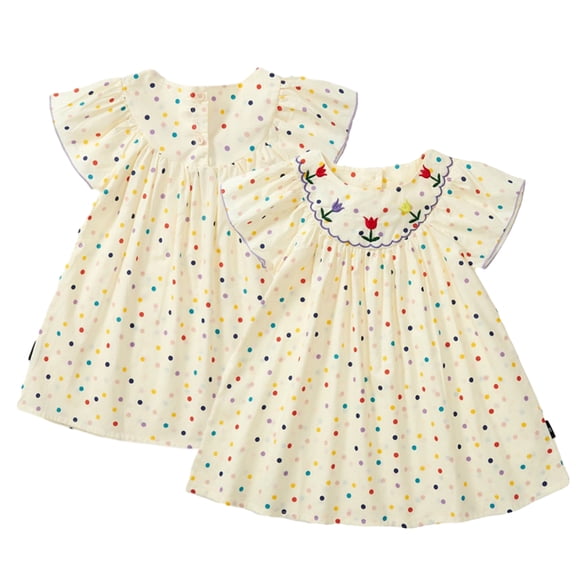 WOLLED Toddler Kids Girls Polka Dot Cotton Dress Baby a Line Twirly Skater Dresses Casual Flying Sleeve Princess Midi Skirt 1-9T