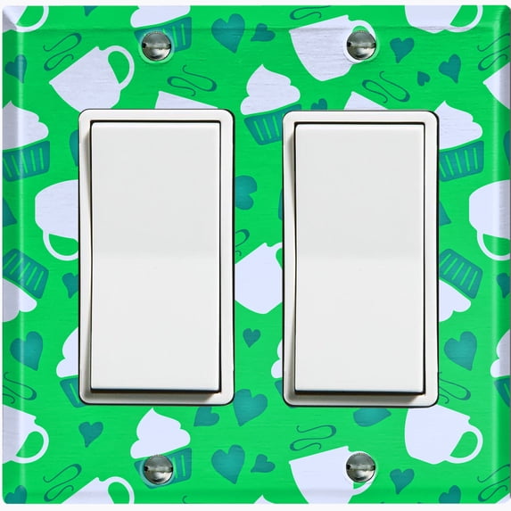 Metal Light Switch Wall Plate Outlet Cover (Coffee Espresso Mocha Cup Green Heart Green Cupcake - Double Rocker)
