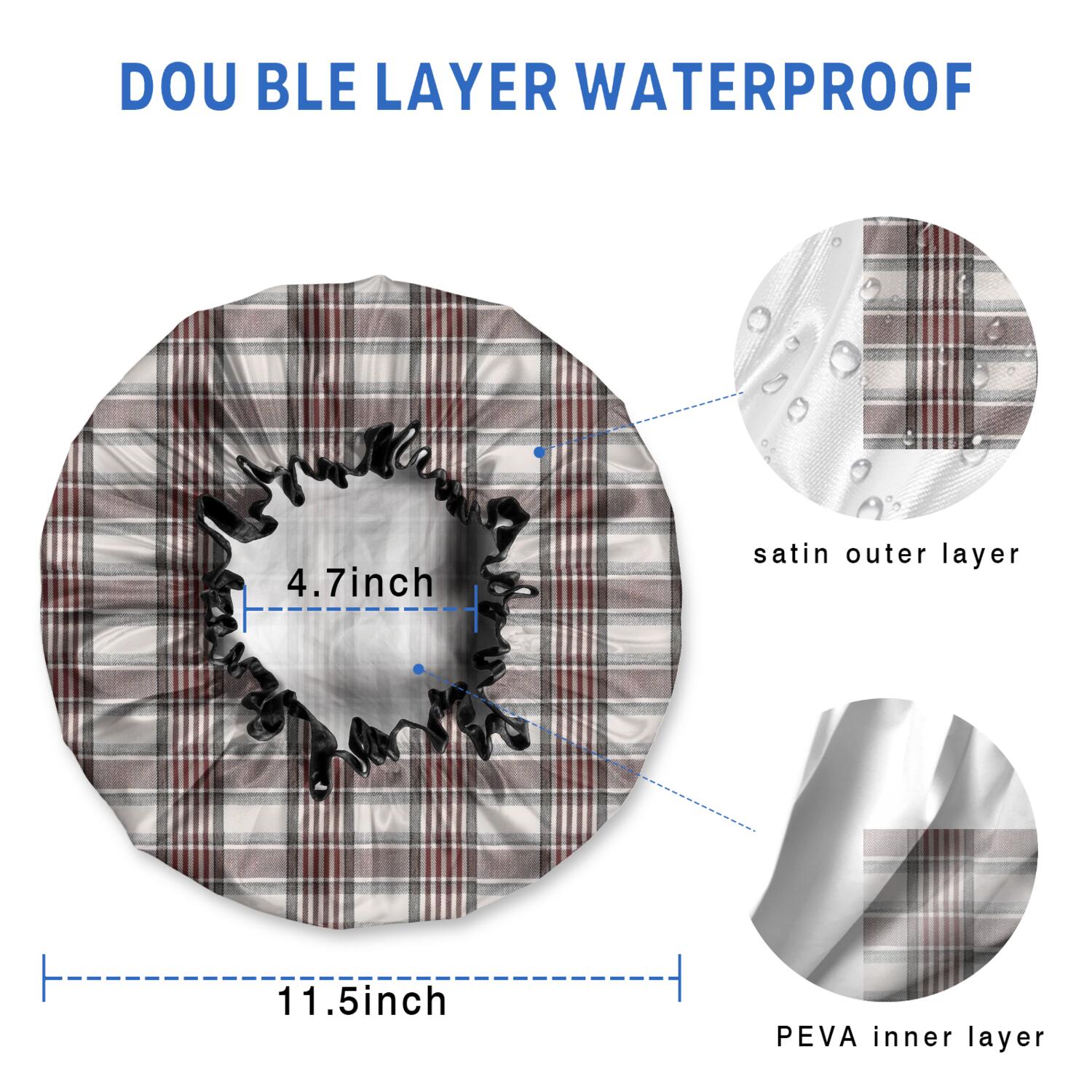 Shower Caps,Brown and White Checkerboard Checkered Pattern Waterproof Shower Cap for Women 4 Pieces,Double Reusable Hair Cover for Shower PEVA Elastic Stretch Hem