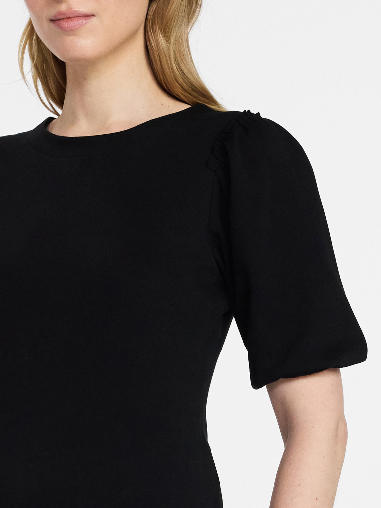Time and Tru Women's Cotton Crewneck Tee with Puff Sleeves, Sizes XS-XXXL