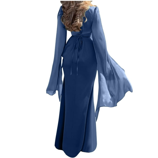 Puff Sleeve Dress Women's Haute Couture Slim Long Sleeved Pleated Tie  Irregular Long Dress Elegant Women's Evening Dress S-301 Blue XXL - Walmart  Business Supplies