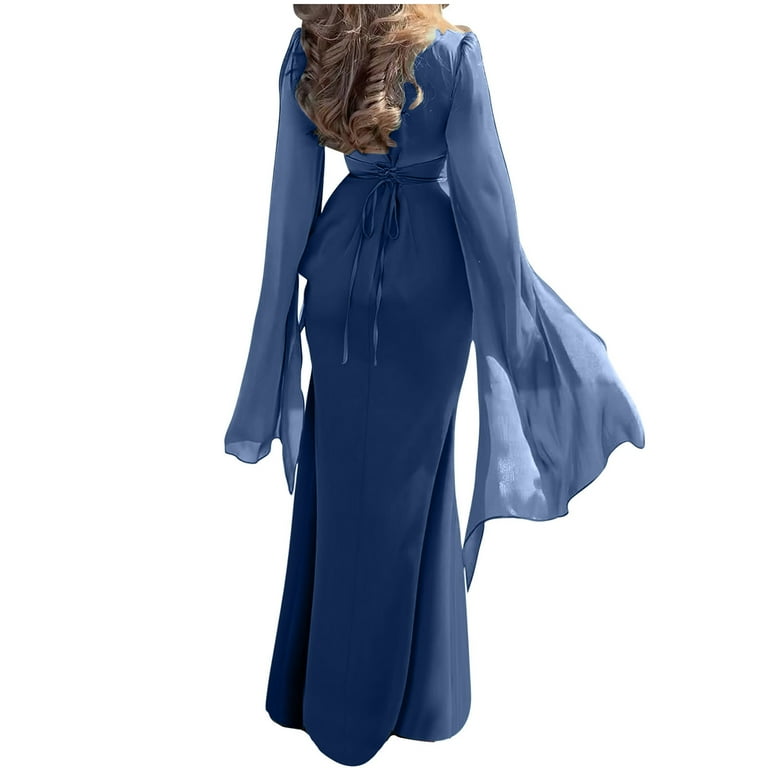 Mnyycxen Womens Satin Dress Slit Long Sleeves Solid Color Bodycon Dress Pleated Belt Tie Wedding Party Maxi Dress, Women's, Size: Large, Blue