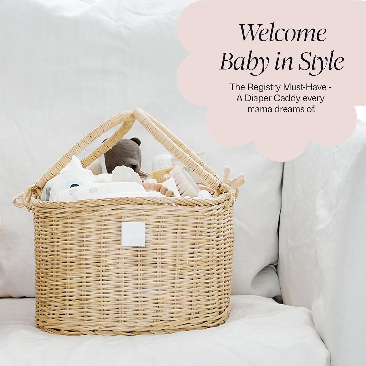 Premium  Diaper Caddy Organizer - Handmade Rattan Basket With Cotton Divider - Award-Winning & Luxury Diaper Caddy Basket - (SAVANNAH)
