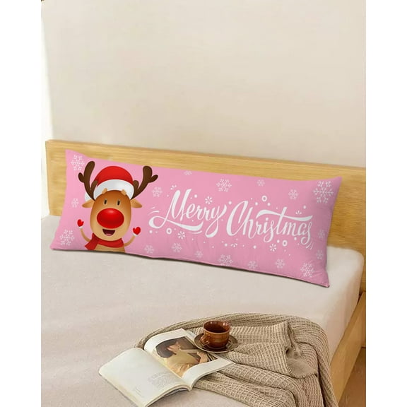 Pink Christmas Throw Pillow Cover, Xmas Deer Winter Snowflake Rectangle Decorative Pillow Case Protector Soft Cushion Cover Lumbar Pillowcase for Couch Sofa Bedroom Car Chair Decor 20x54 Inch