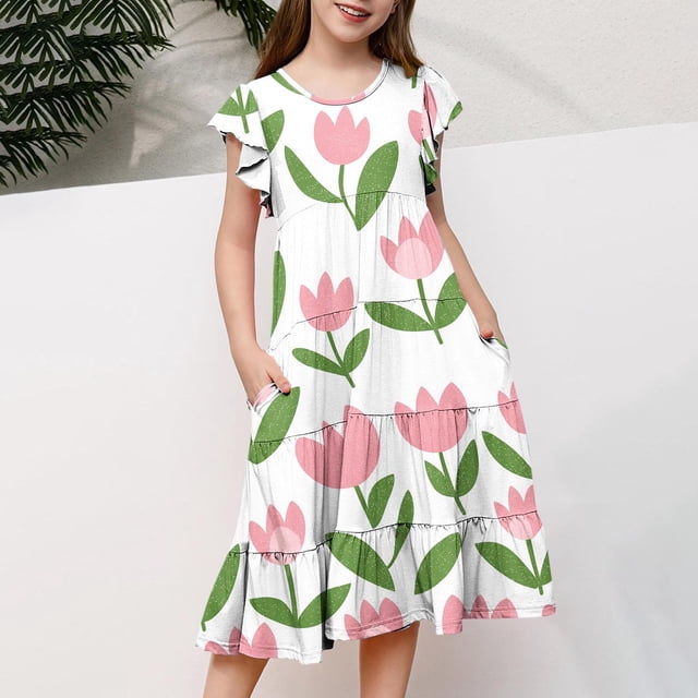 Odeerbi 6-15 Años Niñas Vestido de Pascua de Línea A Manga de Ruffle Conejo Estampado Floral Vestido En Capas Vestido de Fiesta de Vacaciones de Verano