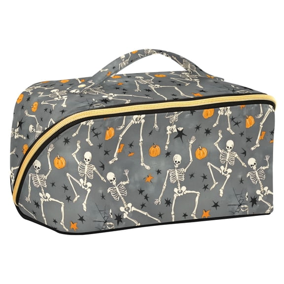 FORMRS Makeup Bag Travel Cosmetic Organizer for Women Fold Flat Zipper Pouch with Handle, Halloween Dancing Skeleton