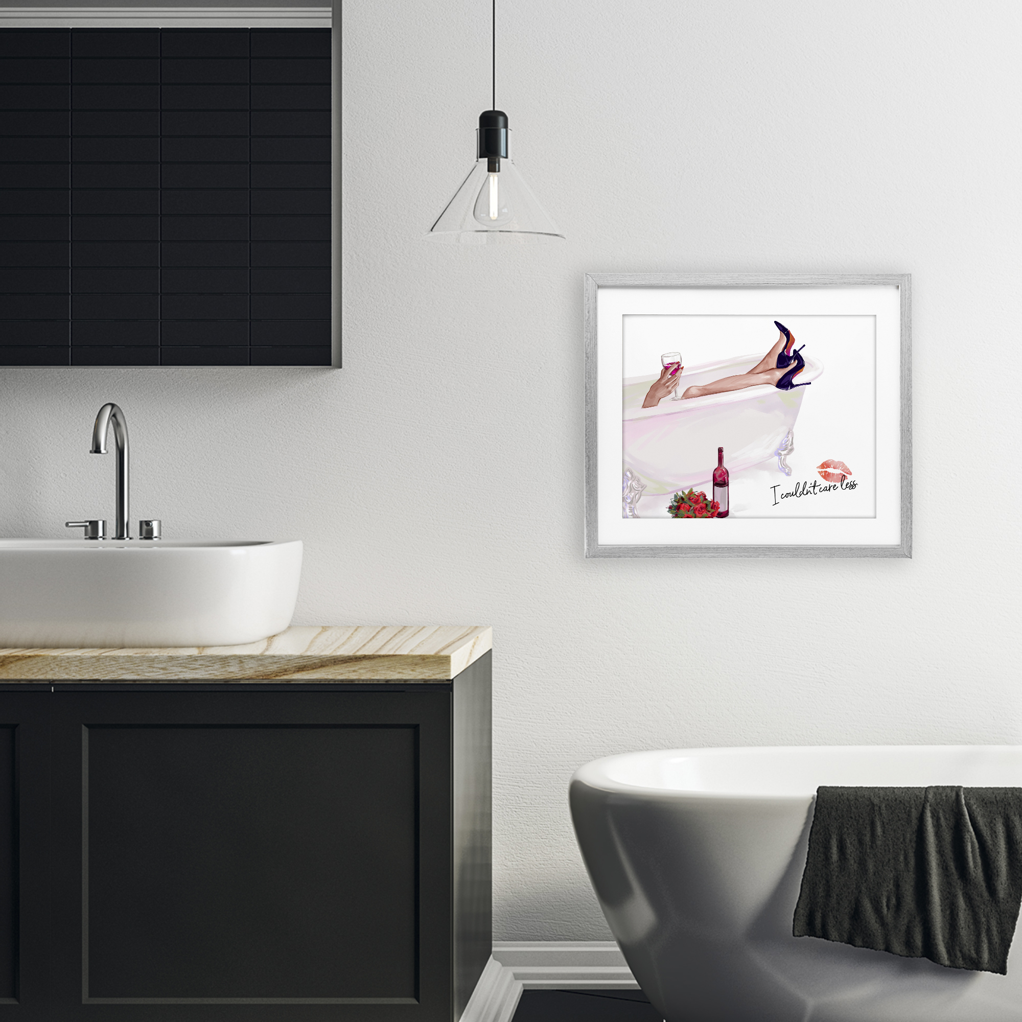 Couldn't Care Less Tub Gray Framed Print Under Glass, design by Ziwei Li