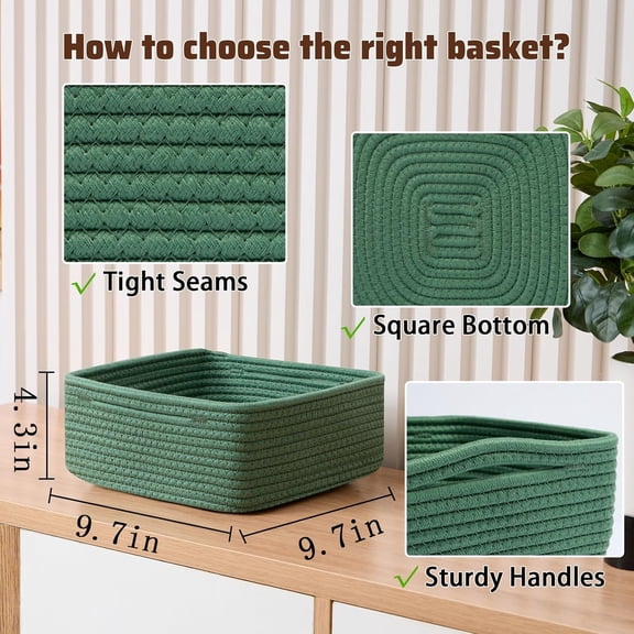 NDIUG-Small Square Shallow Baskets for Organizing, 9.7x9.7x4.3 Inch Rope Woven Storage Bins for Cubes Closet, Shelves Storage, Boho Decorative Basket, 2 Packs Green