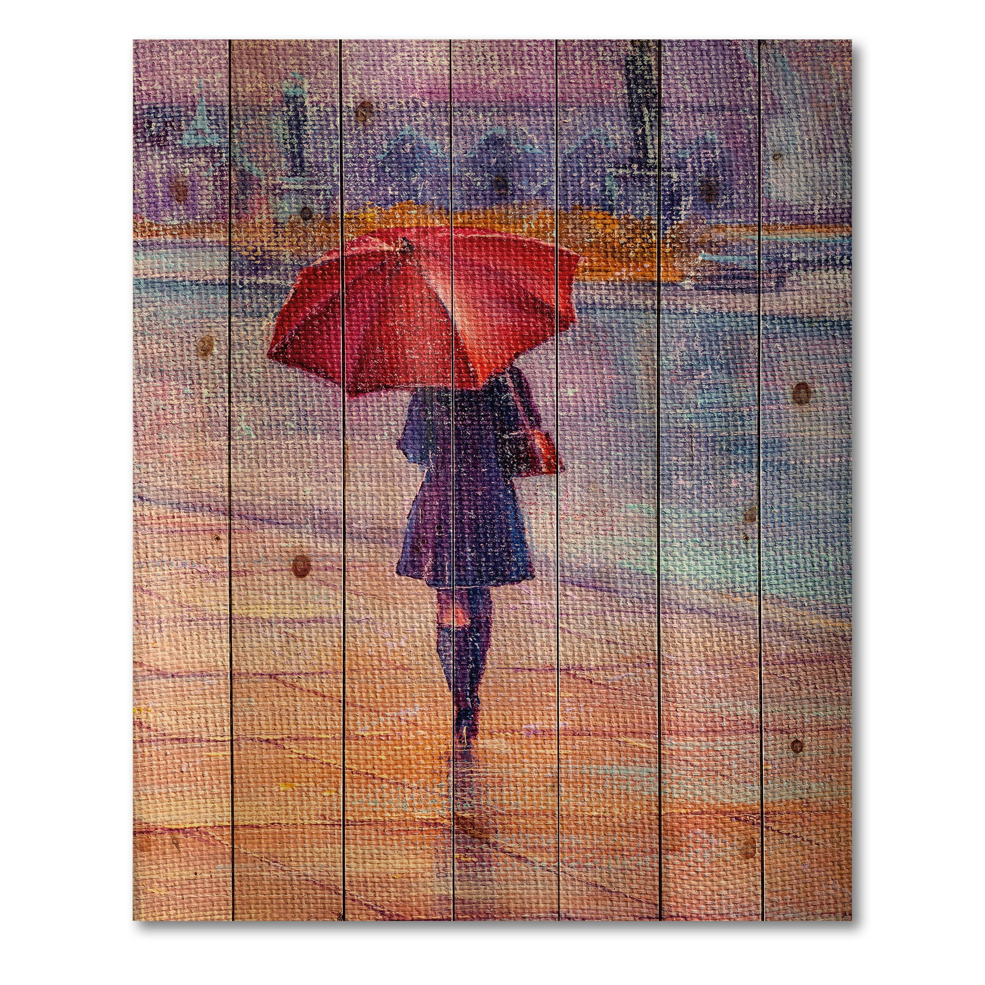 Designart 'Girl Walking With Red Umbrella Under The Rain' French Country Print on Natural Pine Wood