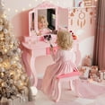 thumbnail image 2 of SESSLIFE Vanity Sets for Girls, Vanity Play Set with Drawers, Dressing Table Dresser Wooden Toy Makeup Vanity Table & Stool with 3 Foldable Mirror, Pink, 2 of 7