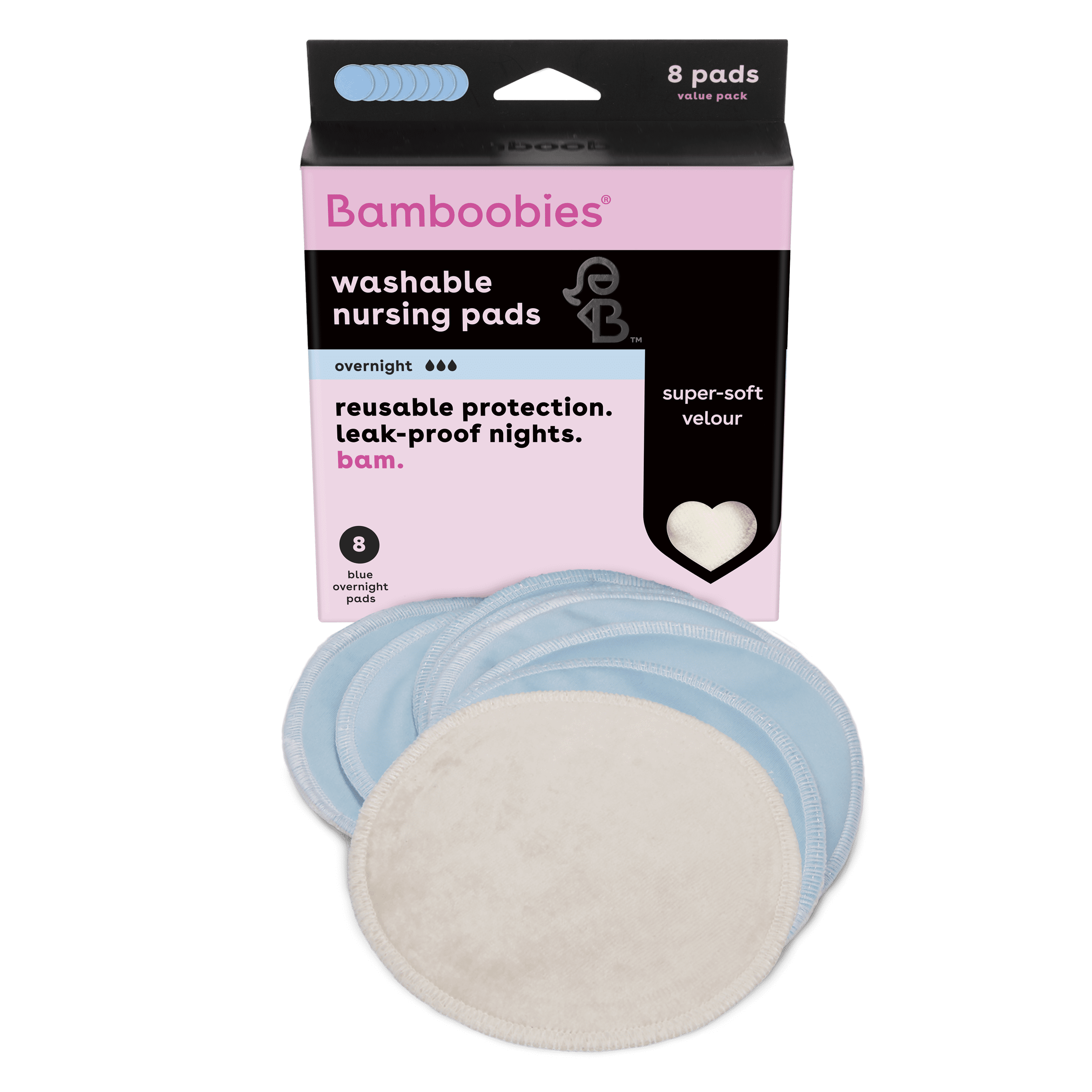 Bamboobies Washable Overnight Nursing Pads for Breastfeeding, Reusable Pads (4 Pairs)