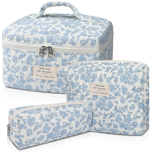 Juego de bolsas de maquillaje, bolsa de maquillaje acolchada, bolsa de cosméticos floral grande para mujeres, lindas bolsas de maquillaje de algodón, bolsa organizadora de artículos de tocador de viaj