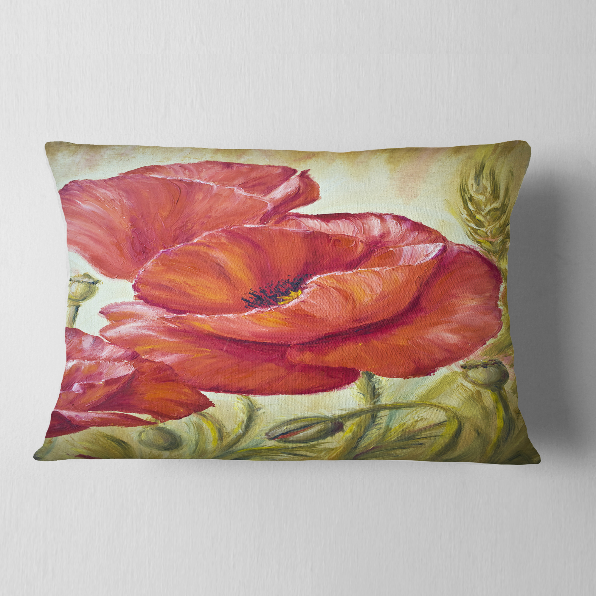 Designart Poppies in Wheat - Floral Throw Pillow - 12x20