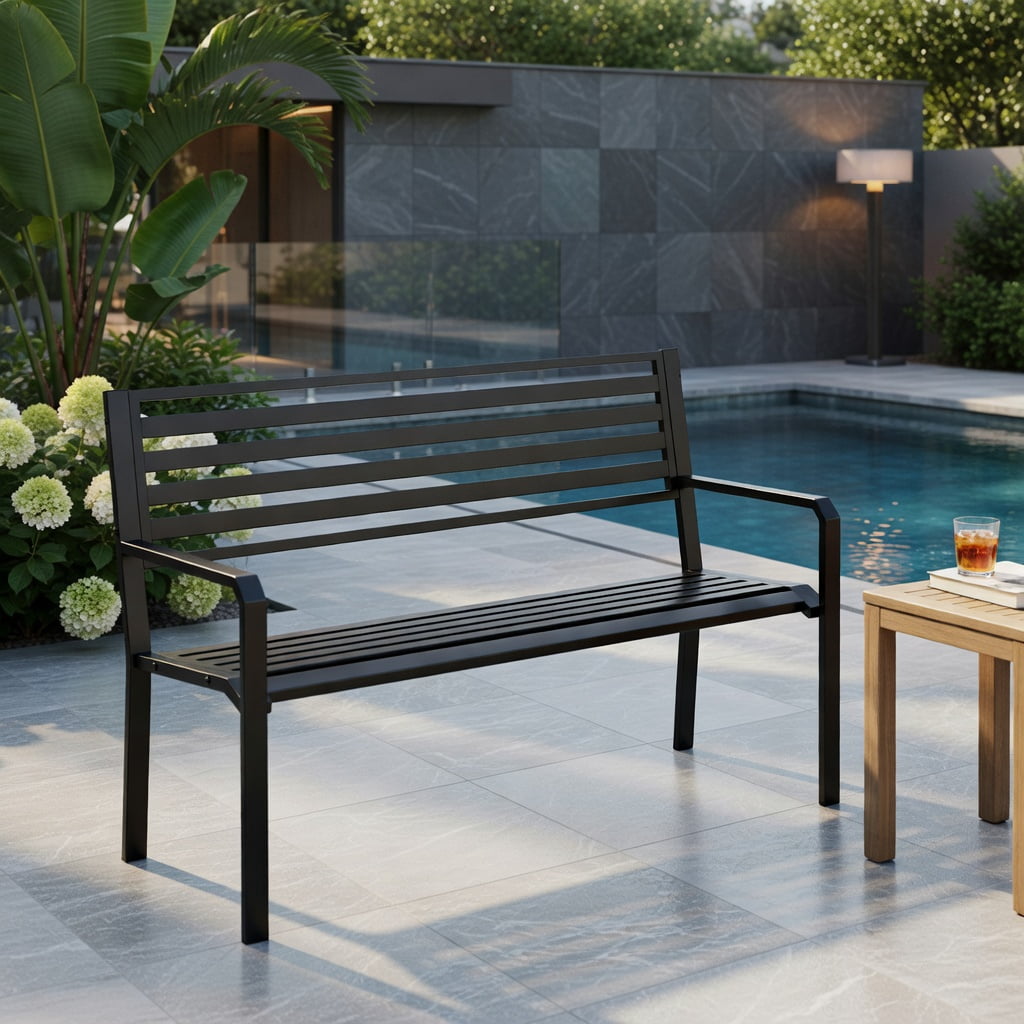 Hommoo 50" Heavy-Duty Outdoor Metal Patio Bench for 2-3 People, Slatted Garden Bench with Reinforced Frame & Non-Slip Feet, Black