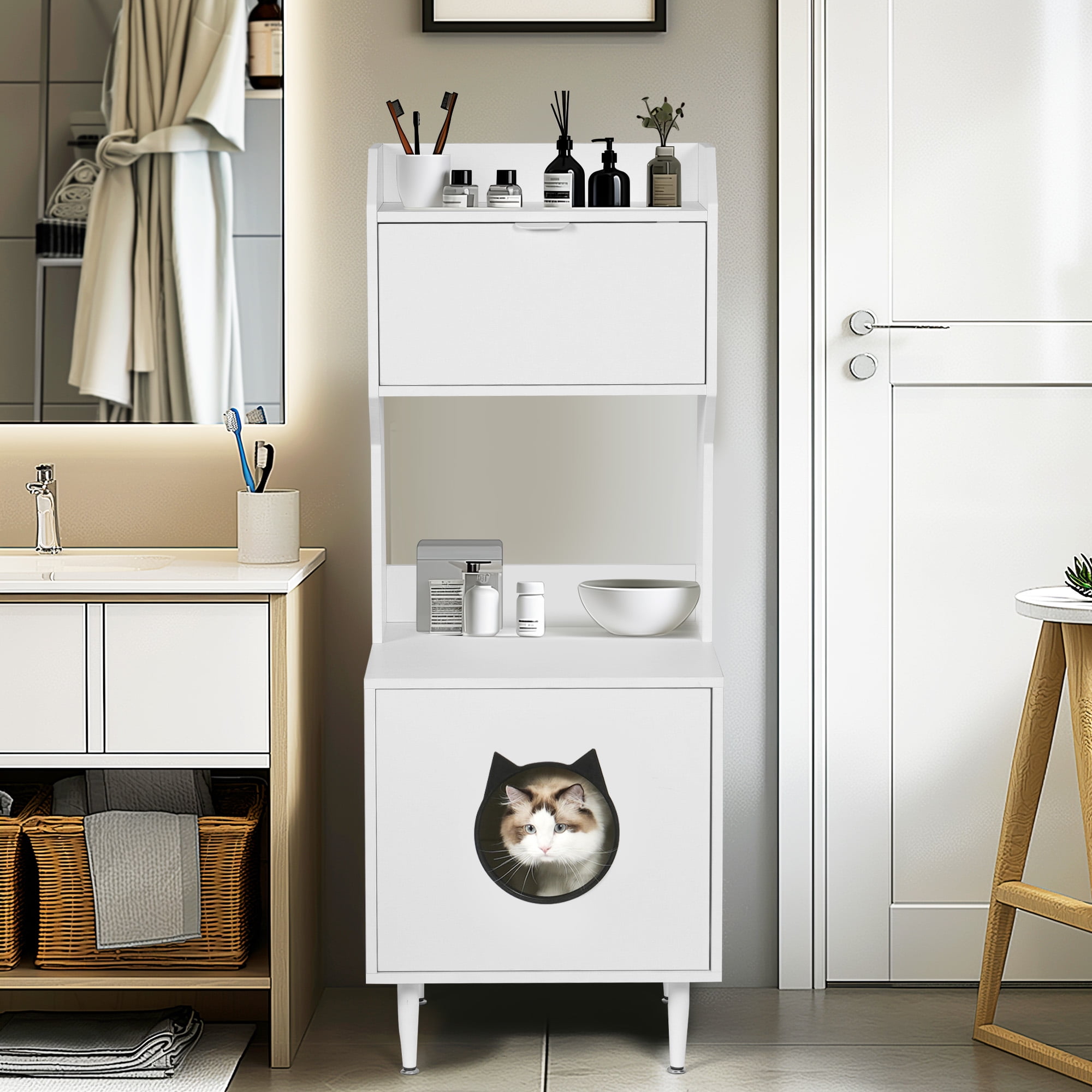 Kadyn 53" Wooden Cat Litter Box Enclosure Furniture with Shelves, Large Hidden Litter Box Cat House Washroom, White