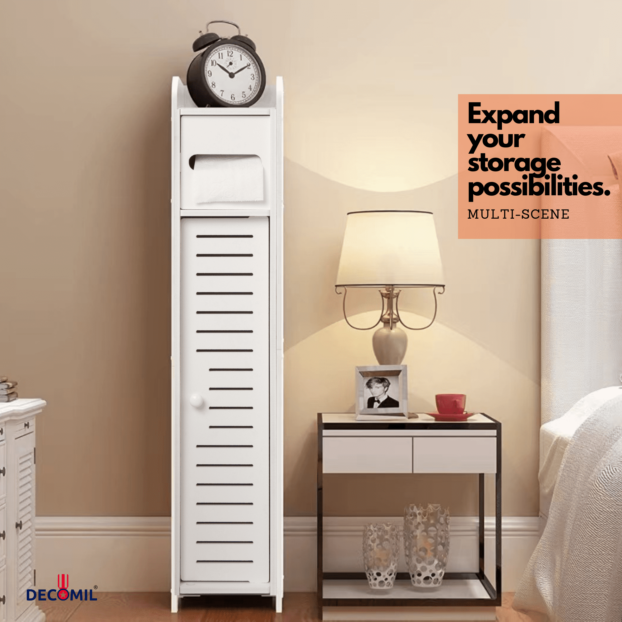 DECOMIL Slim Bathroom Storage Cabinet, Freestanding, White