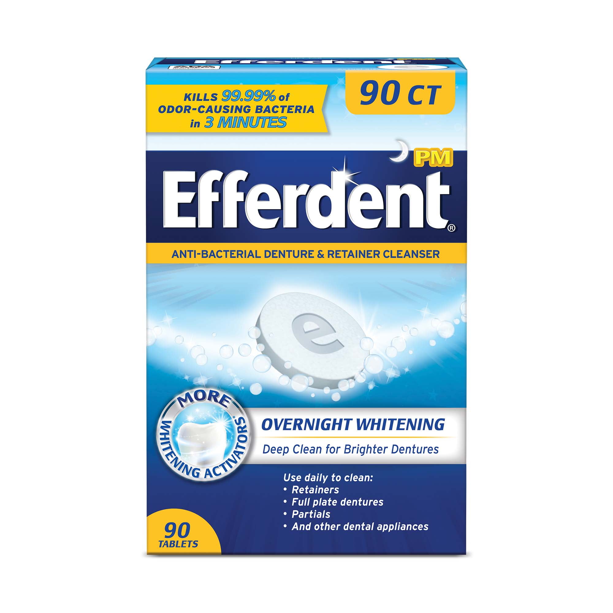 Efferdent Denture & Retainer Cleanser Tablets, Overnight Whitening, 90 Tablets