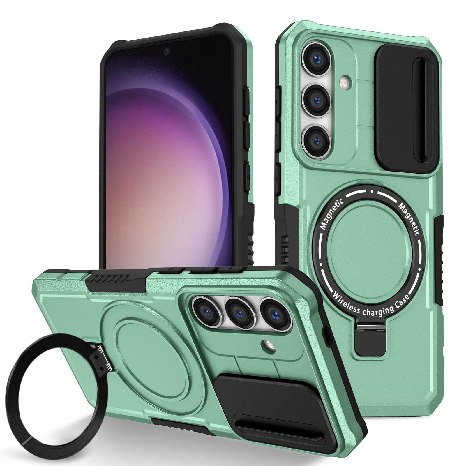 Case for Samsung Galaxy S26, with Sliding Camera Cover & Ring Kickstand, Military Grade Drop Protective Hybrid Shockproof Anti-fall Phone Case Cover for Samsung Galaxy S26, Lightgreen