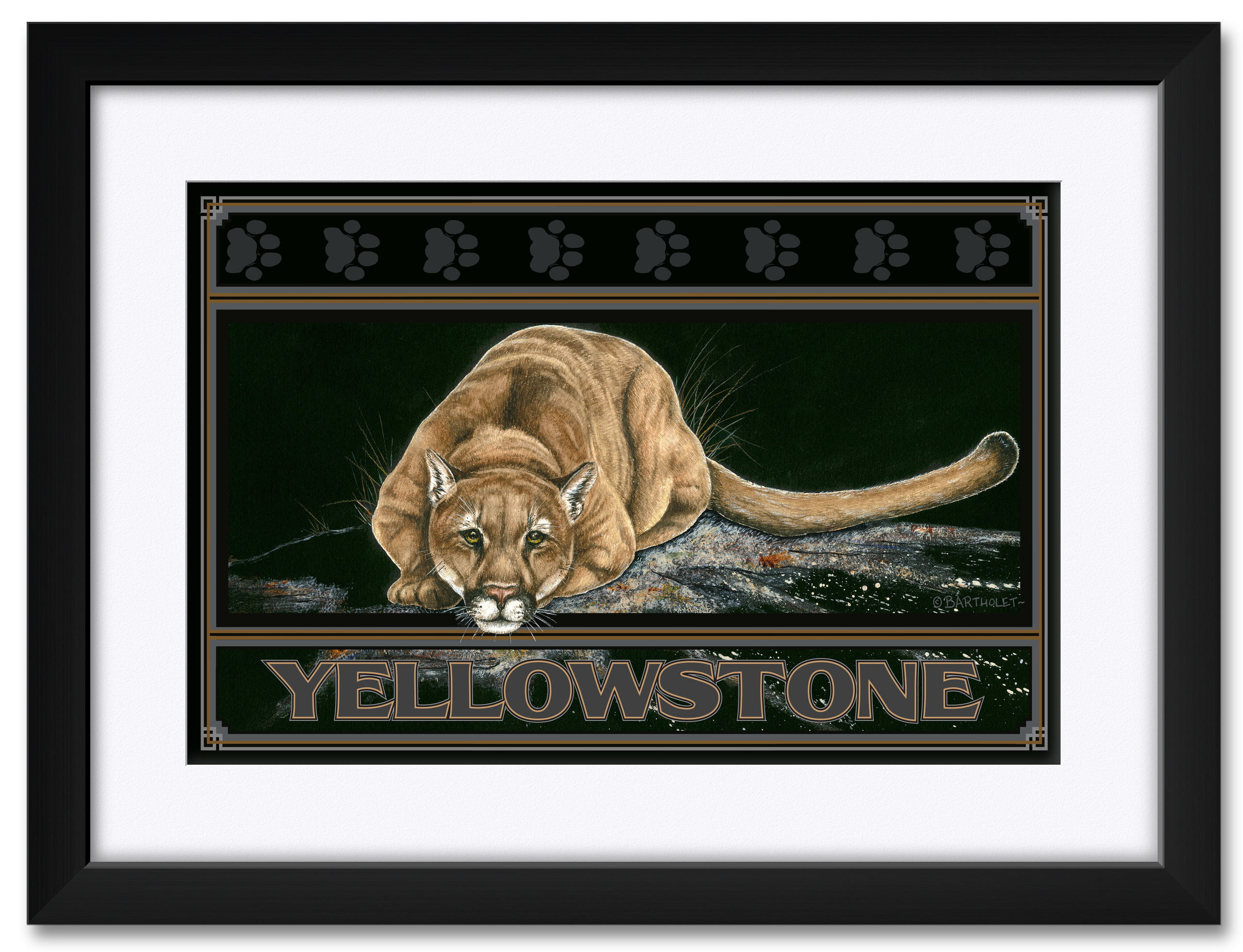 Silent Night Cougar Yellowstone National Park Giclee Art Print Poster from Original Watercolor by Artist Dave Bartholet