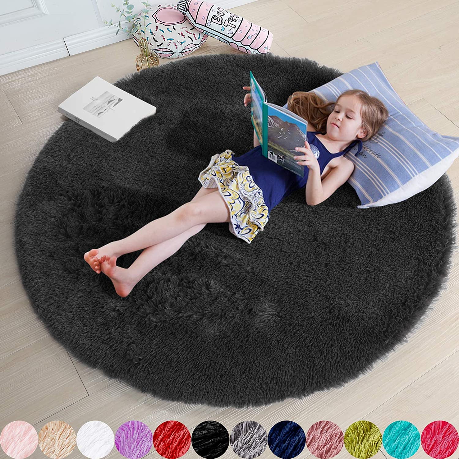 SURJDE Black Round Area Rugs for Living Room 7x7 ft Rug Super Soft Large Circle Rug for Bedroom Big Shag Fluffy Fuzzy Carpet for Mens Boys Kids Room Modern Cool Indoor Carpets