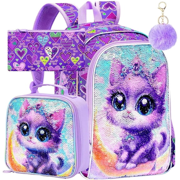 Moon Cat Backpack for Girls, 3PCS Kids Sequins Bookbag Set with Lunch Box, Water Resistant School Bag for Elementary Preschool Toddler