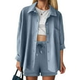 thumbnail image 5 of vigerkar Women's 2 Piece Lounge Tracksuit Outfit Sets Cotton Linen Long sleeve Shirt and Drawstring Casual Shorts Set Blue, S, 5 of 8