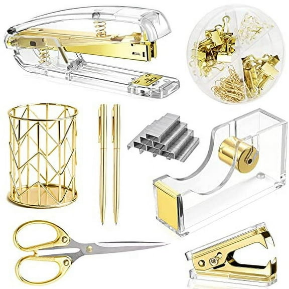 Famassi Gold Desk Accessories，Office Supplies Set Acrylic Stapler Set Staple Remover, Tape/Pen Holder, 2 Ballpoint Pen, Scissor, Binder/Paper Clips and 1000pcs Staples.