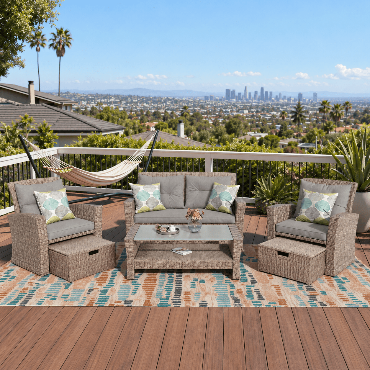 6-Piece Outdoor Patio Furniture Set,Multi-Functional 32-inch Outdoor Fire Pit,All-Weather PE Rattan Seating Setand, 4 Cushions,Suitable for Patios, Gardens, and Backyards ,Gray.