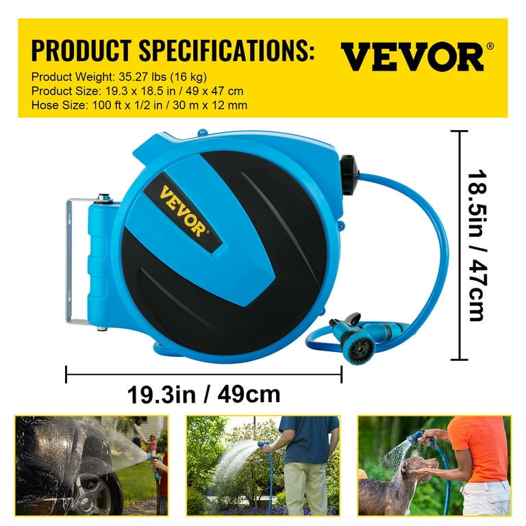 VEVOR Retractable Hose Reel Water Hose Reel 100'x1/2 180° Swivel  Wall-Mounted,Garden Water Hose Reel with 9-Pattern Nozzle,Automatic Rewind,  Lock at Any Length, with Slow Return System