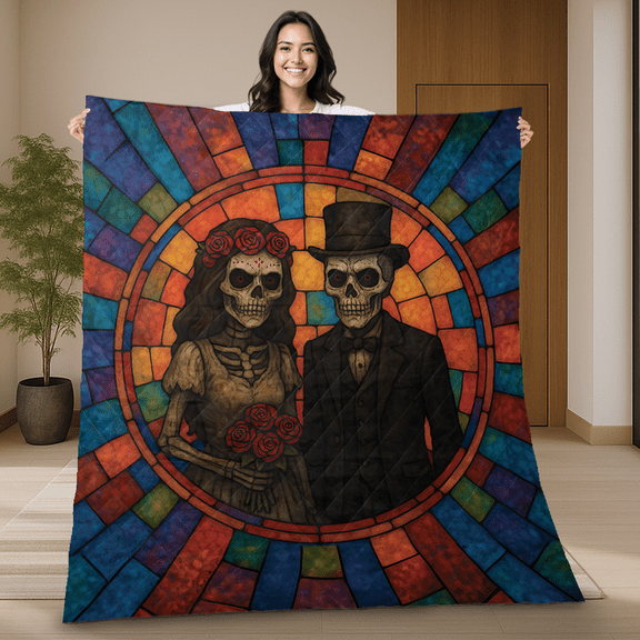 Vintage Skeleton Couple Day of The Dead Quilt Blanket - Gothic Wedding Quilt with Stained Glass Design - Dia de los Muertos - Halloween Skull Art Blanket