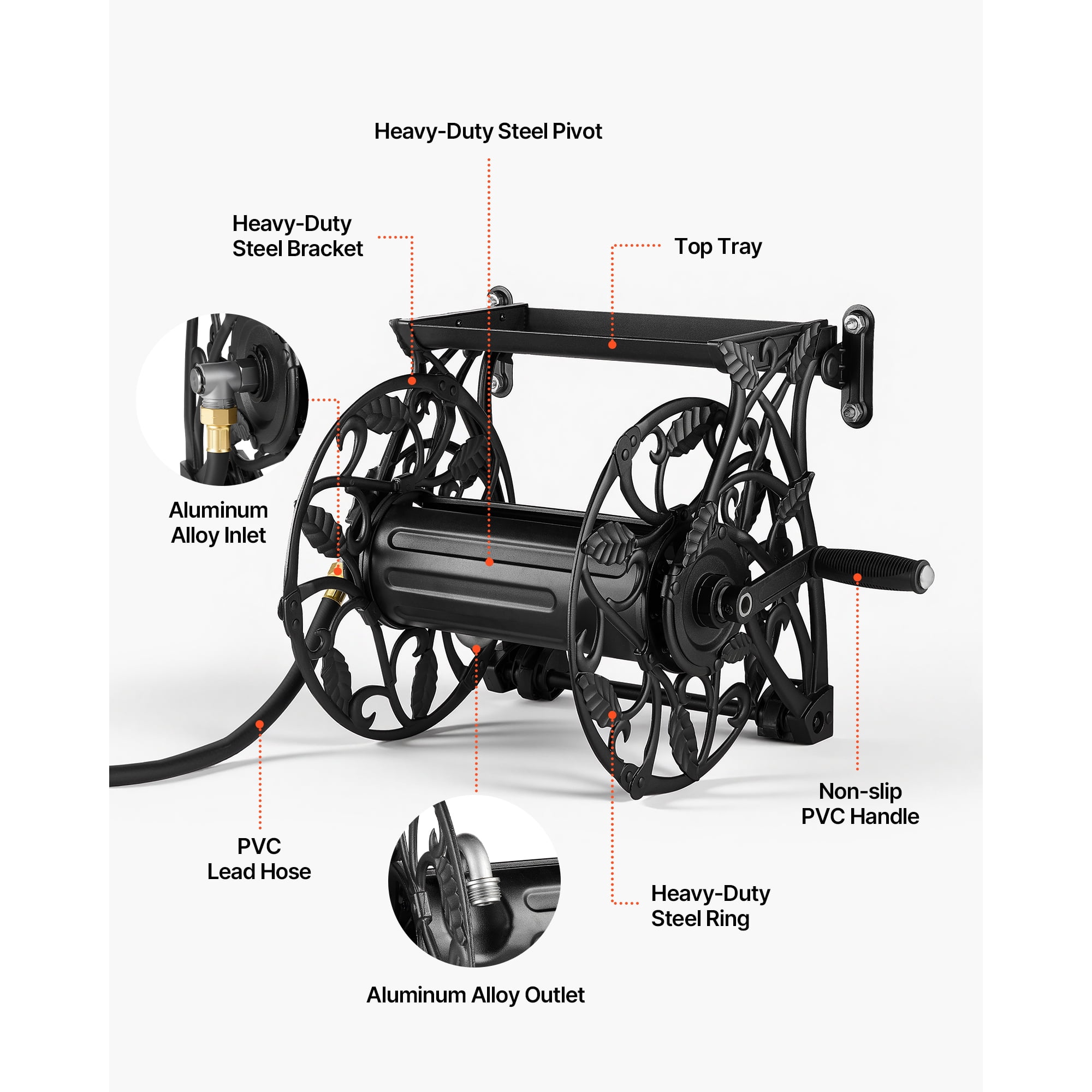 KFFKFF Wall-Mounted Garden Hose Reel, Fits 135 Feet of 5/8-inch Hose, Durable Outdoor Water Hose Holder with Expanded Top Tray, Aluminum Alloy Connector, Decorative Design, Ideal for Backyards