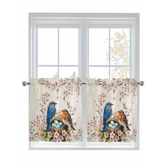 Birds Floral 2 Panel Kitchen Curtains for Small Windows, Farmhouse Vintage Pink Flower Leaf Bathroom Tier Curtain, Short Window Treatment for Bedroom/Living Room 55"x24"
