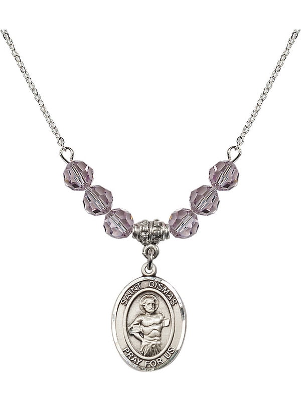 18-Inch Rhodium Plated Necklace with 6mm Zircon Birthstone Beads and Sterling Silver Saint Dismas Charm. 18-Inch Rhodium Plated Necklace with 6mm Zircon Birthstone Beads and Sterling Silver Saint Dismas Charm.