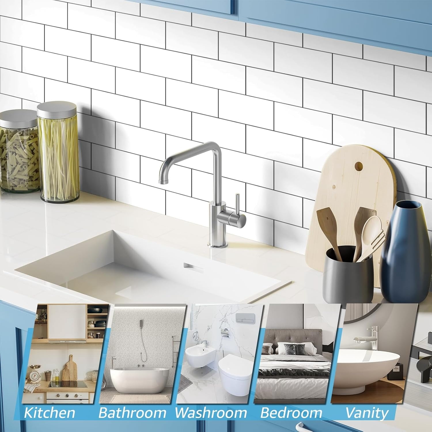 102-Piece Peel and Stick Wall Tile for Kitchen Backsplash, Bathroom, Fireplace, 3in. × 6in. Stick on Subway Tile, Glossy White