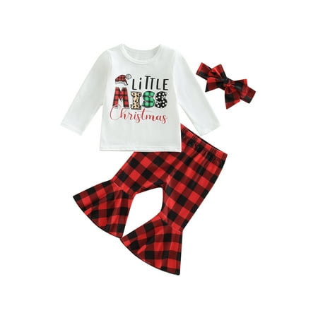 

Canrulo Infant Baby Girl Christmas Outfit Letter Long Sleeve Shirt Tops and Plaid Flared Pants Headband Clothes Set White 6-12 Months