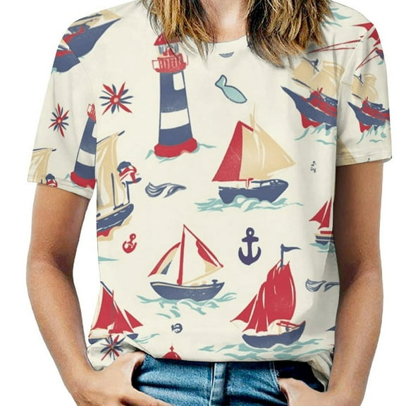 Nautical Sailboats Lighthouses-2 Women's Short Sleeve T-Shirt Crew Neck Casual Summer Trendy Loose Fit Tops