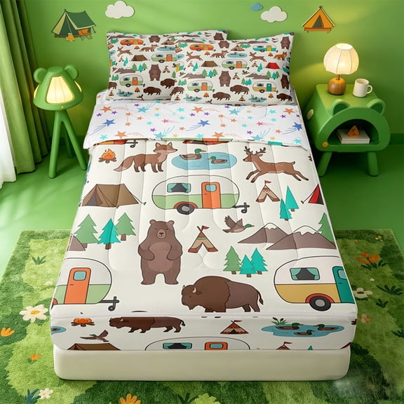 catabedysis Cartoon Camping Zipper Twin Comforter Sets with Fitted Sheet and 2 Pillowcases,Wildlife Camper Print Zipper Bedding Set For Boys,Multicolor,Colorful Stars Reversible,4 Pieces