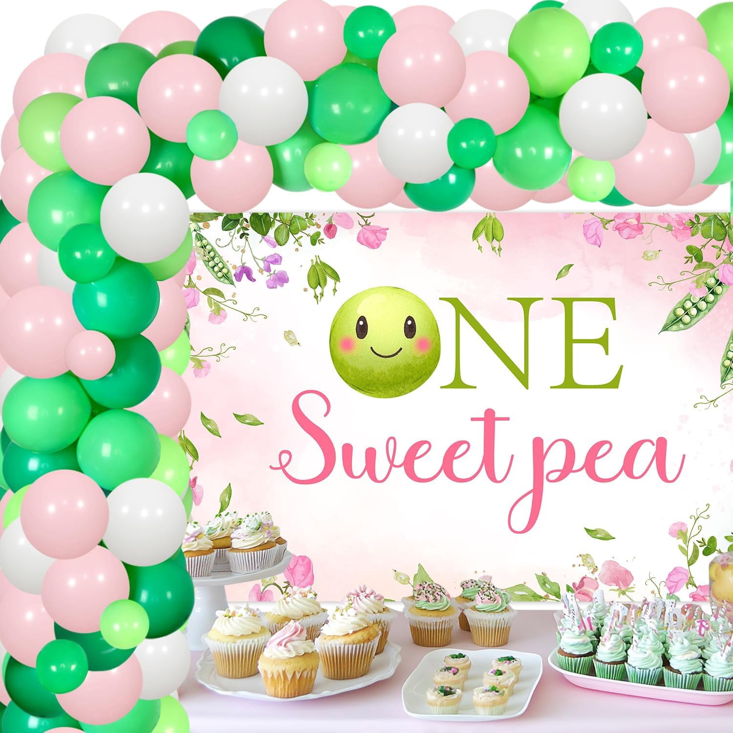 Merrystorm One Sweet Pea Birthday Party Decor for Girls Sweet Pea Themed 1st Birthday Party DIY Garland Backdrop Kits with 1 Number 1 Foil Balloon and 73pcs Latex Balloon Pea First Party Supplies