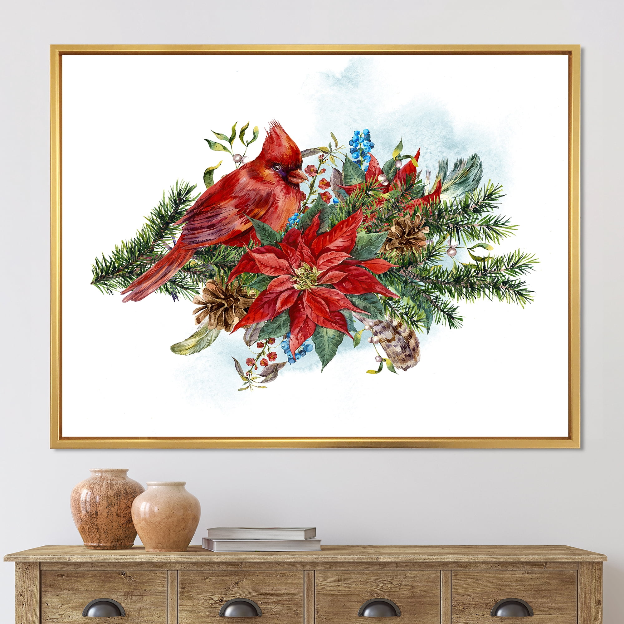 Designart 'Christmas Red Cardinal Bird and Poinsettia' Traditional Framed Canvas Wall Art Print