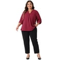 thumbnail image 3 of DARING DIVA Women's Plus V Neck Long Sleeve Rolled Up Sleeve Blouse 1X Burgundy, 3 of 6