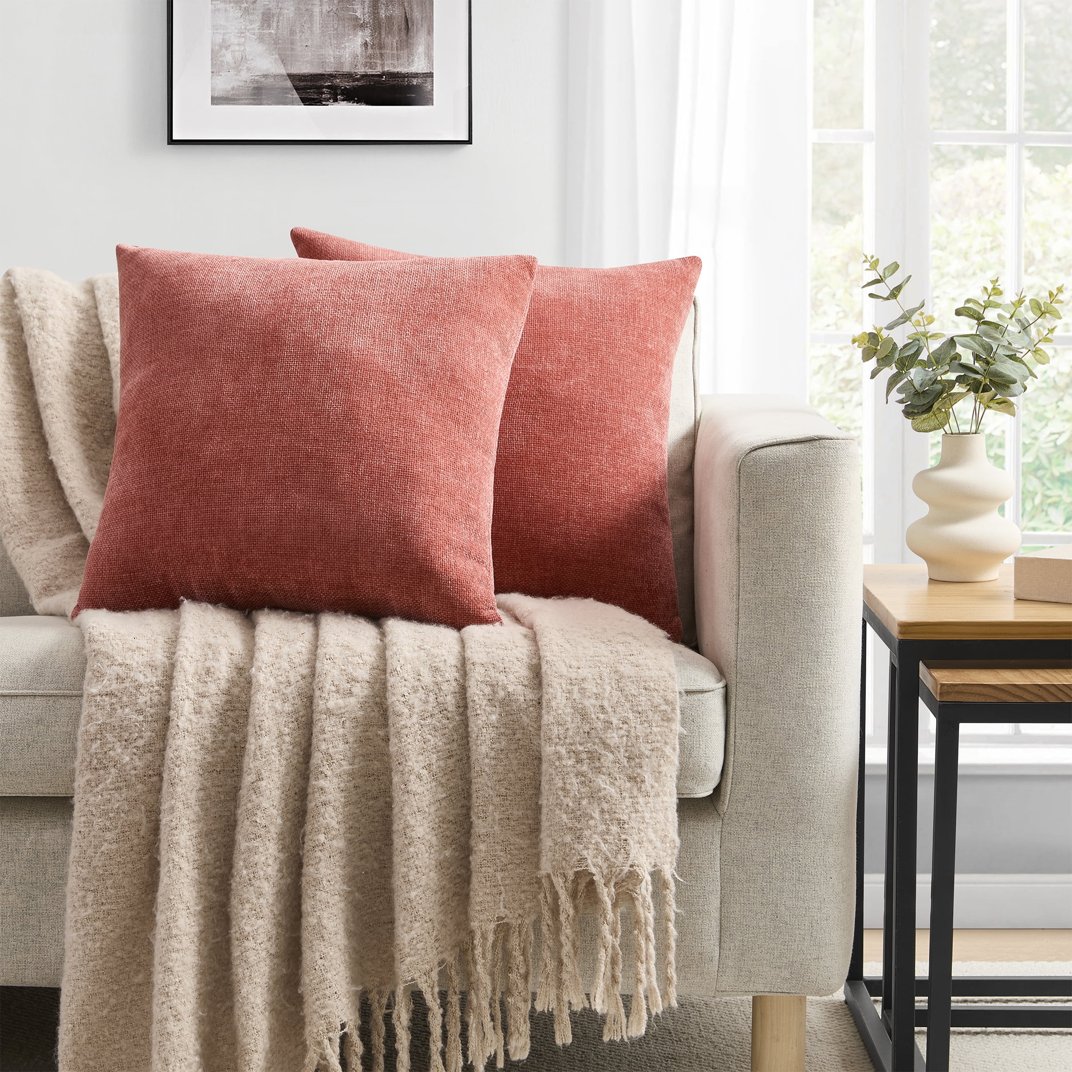 Mainstays Solid Chenille Decorative Pillow Set, Red Canyon, 18" x 18", 2 Pieces